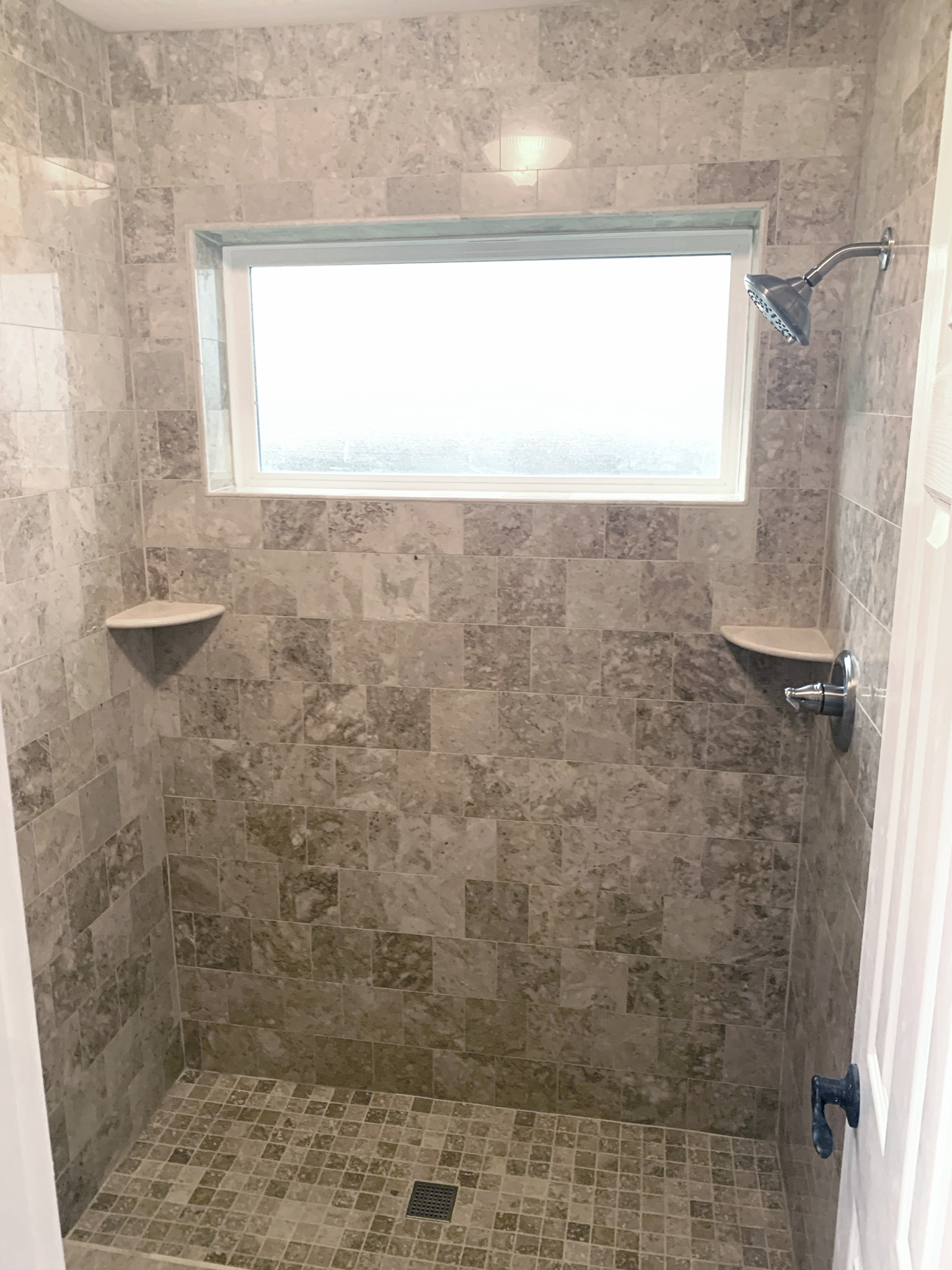 custom tile shower installation with 2 shelves, wfa's custom hardwood floors, houston texas